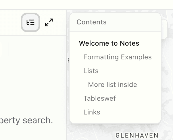 Notes table of contents